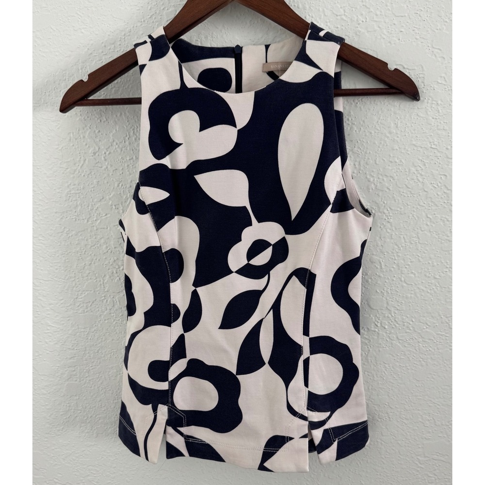 Banana Republic Navy White Bold Floral Mod Sleeveless Blouse Top Stretch Size 2P
